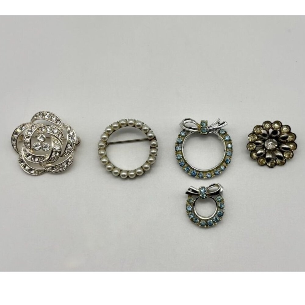 Lot of 5 Vintage Brooches Pins Silver Tone Faux Pearls Rhinestones All Unbranded